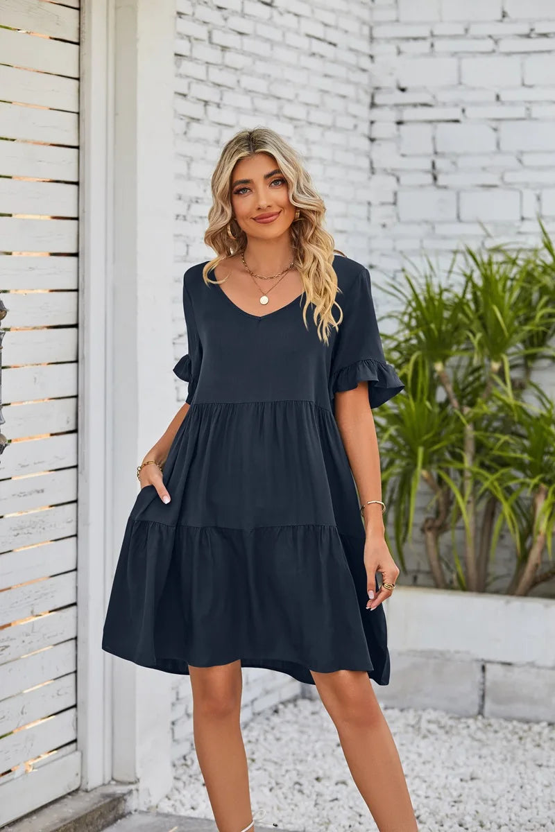 Vestido Midi de Playa | Algodón Liso Cuello V | Mangas Cortas con Volantes | Tico Trendy