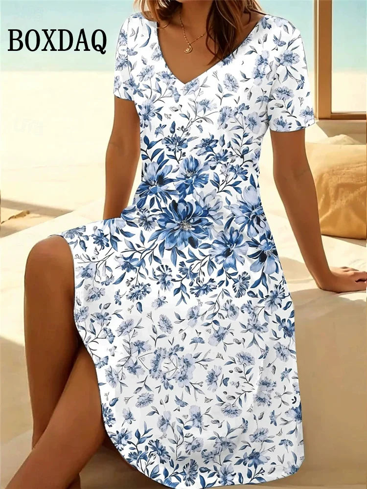 Vestido Vintage para Mujer | Cuello en V y Estampado Floral | Manga Corta para Playa | Tico Trendy