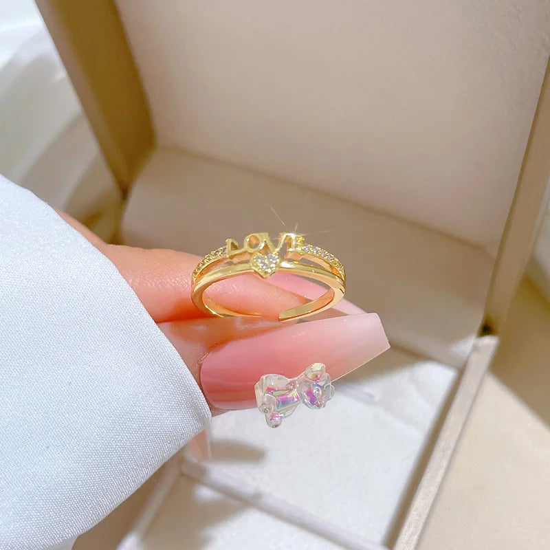 Anillos con letras de amor de circón chapado en oro de 18 quilates para mujeres y niñas, anillo de cobre abierto ajustable dulce, accesorios de joyería, regalos