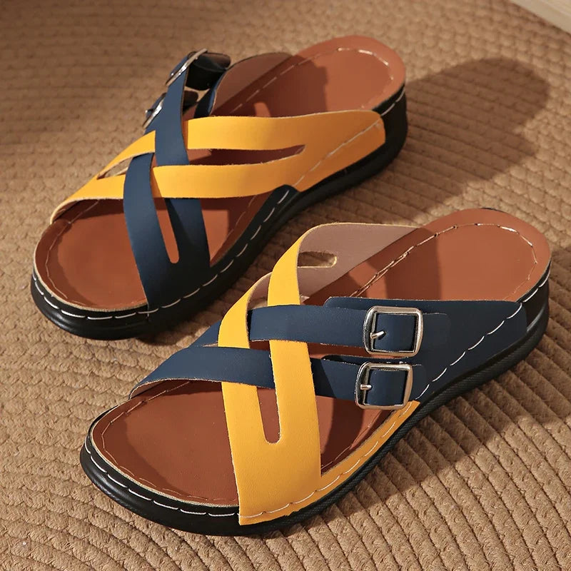 Zapatillas de Cuña con Tiras Cruzadas | Colores Combinados | Suela Suave Antideslizante | Talla 43