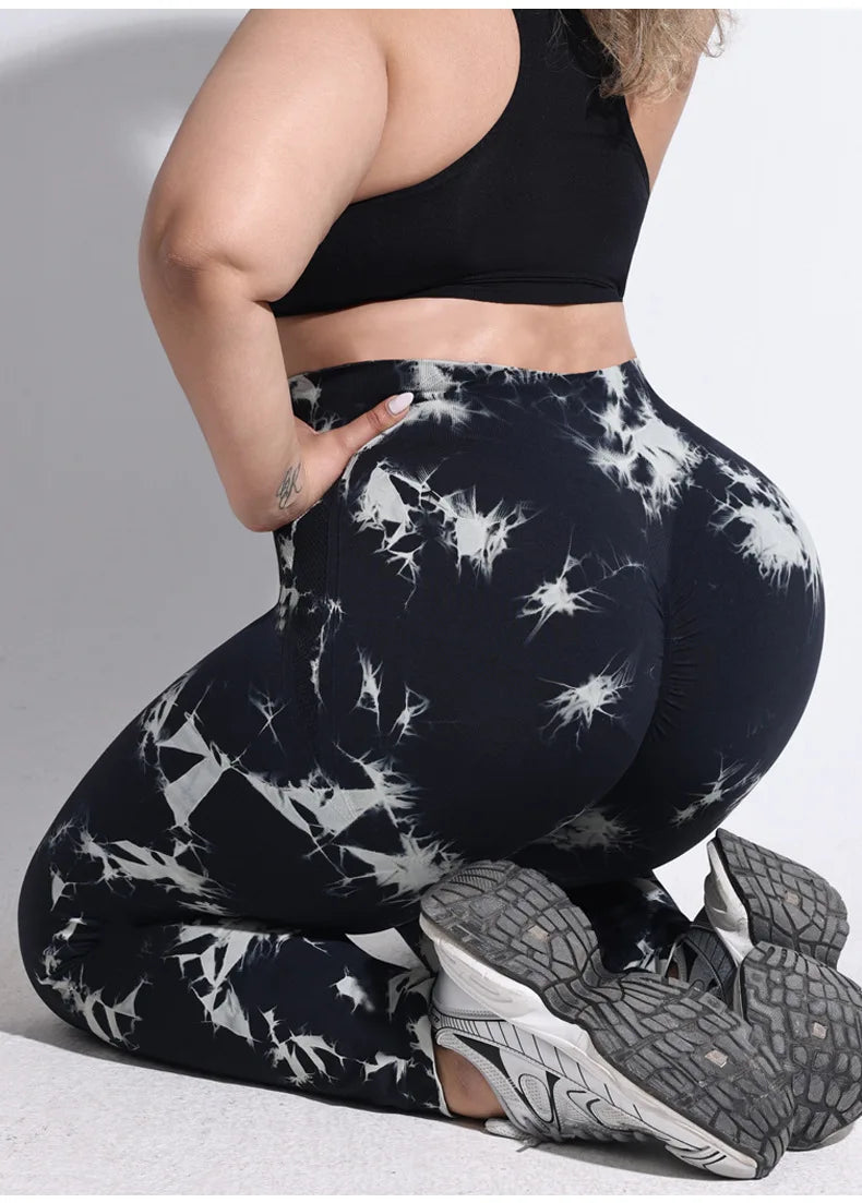 VEQKING-pantalones de Yoga de talla grande para mujer, mallas deportivas 4XL, cintura alta elástica, mallas a tope, pantalones de entrenamiento teñidos anudados de secado rápido
