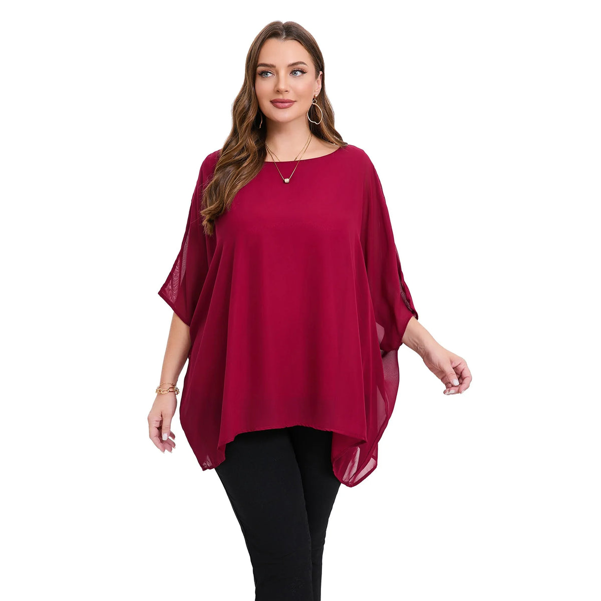 Blusa de Gasa Manga Murciélago Plus Size | Cuello Redondo Holgada | Tallas 2XL-8XL | Tico Trendy