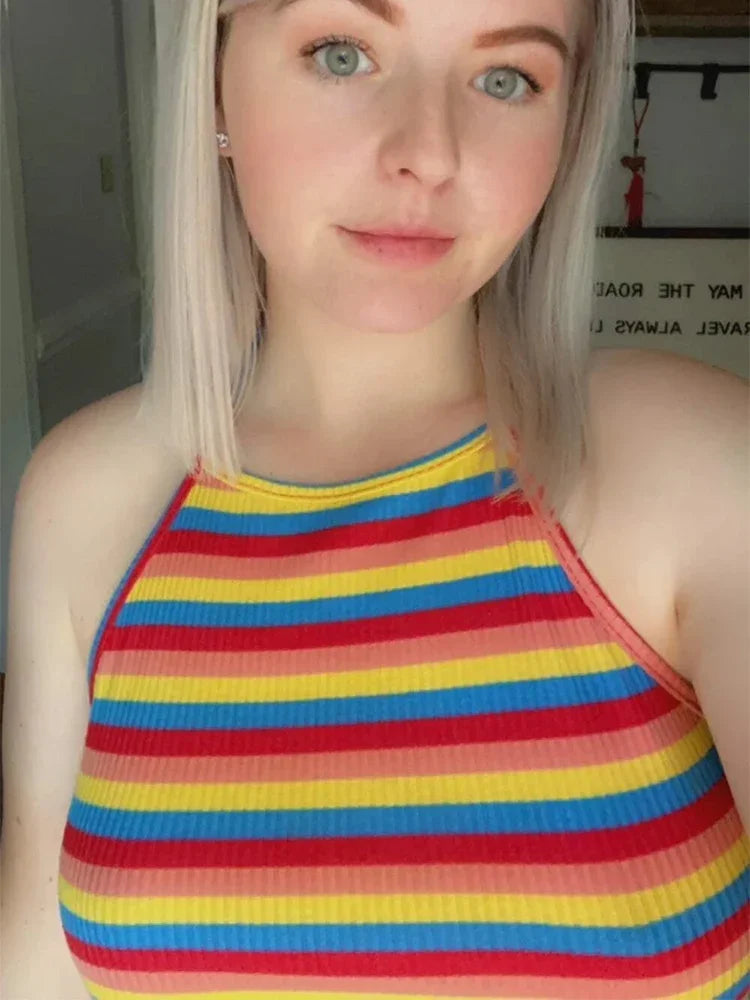 Top Halter a rayas de punto acanalado de arcoíris para mujer, ropa Sexy de verano Y2K, moda coreana, Top corto sin mangas con espalda descubierta, ropa de calle 2023
