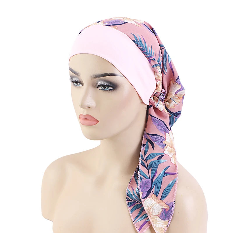 Nuevo pañuelo para la cabeza con estampado satinado para mujer, turbante musulmán elástico preatado, gorro para dormir para quimioterapia, cubierta para la pérdida de cabello, pañuelo para la cabeza