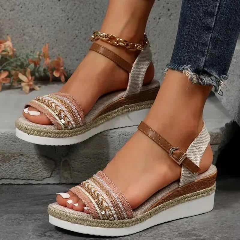 Sandalias Plataforma Cuña Vintage Flecos Cáñamo | Calzado Casual Estilo Moderno