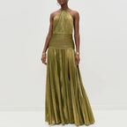 Vestido Largo Dorado Sexy Con Cuello Halter Abertura Alta Plisado
