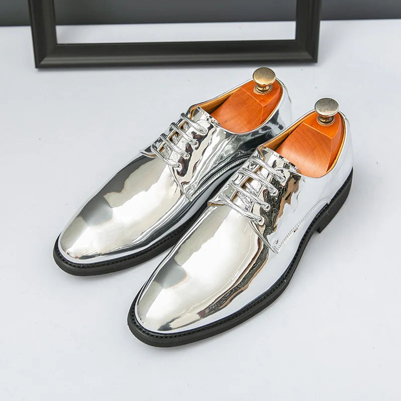 Zapatos Hombre Charol Plateados Lujo Boda Fiesta Punta Puntiaguda | Talla Grande