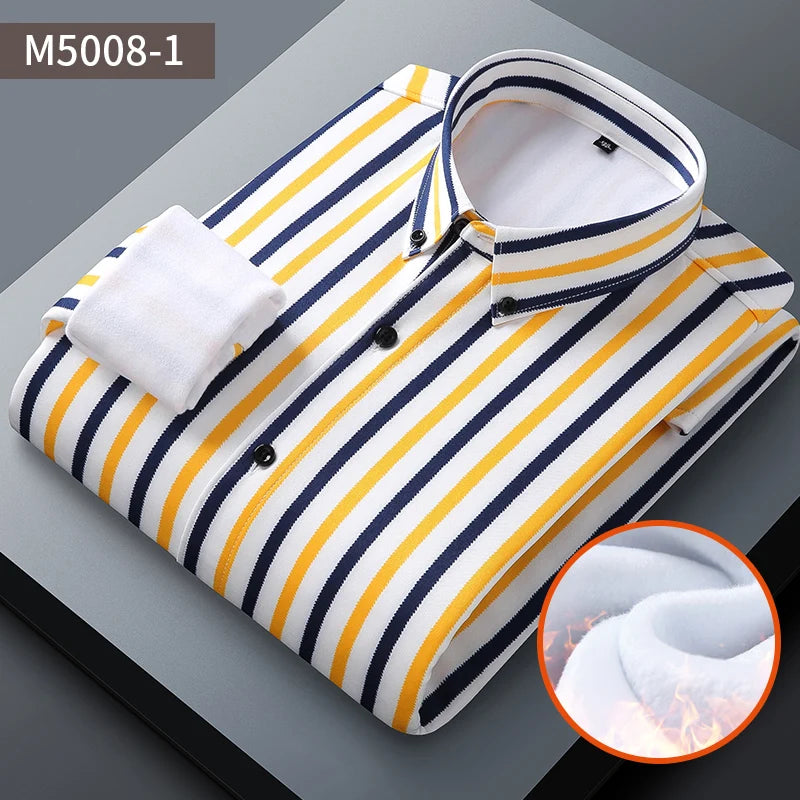 Camisa Rayas Terciopelo Hombre | Engrosada Cálida | Negocios Casual | Invierno S-4XL