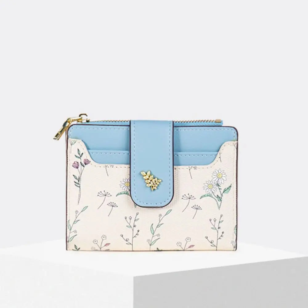 Cartera corta delgada de cuero PU INS, monedero con cremallera para múltiples tarjetas, monedero con flores pequeñas, cartera con cremallera para mujer y niña