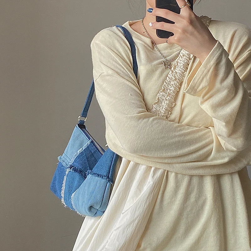Bolso Hombro Mezclilla Mujer Vintage Grande Color Contraste
