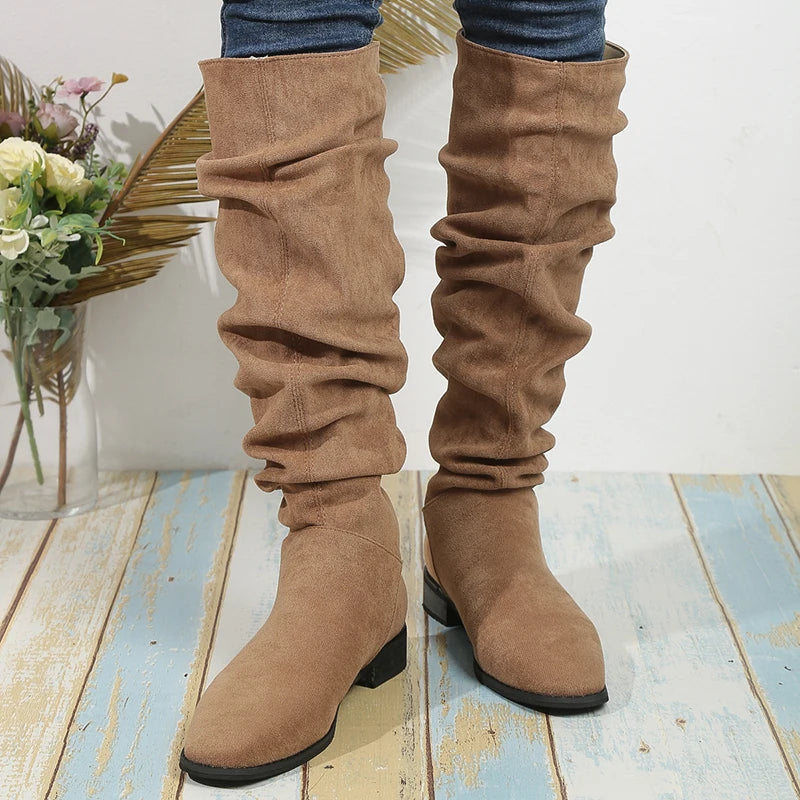 Botas Hasta La Rodilla Gamuza Vintage Tacón Grueso Tica Elegante