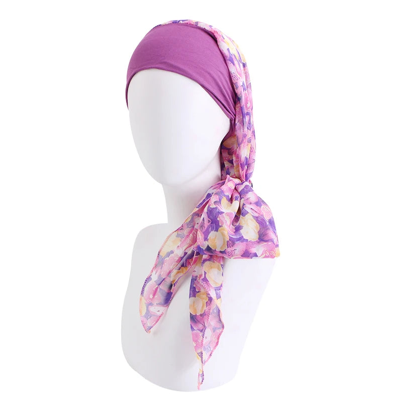 Turbante elástico con estampado de flores para mujer musulmana, para la cabeza preatado Hijab, Bandana para la pérdida de cabello, bufanda para la cabeza, novedad