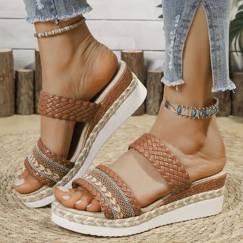Sandalias de Cuña Bohemias | Plataforma Tejida | Suela Gruesa