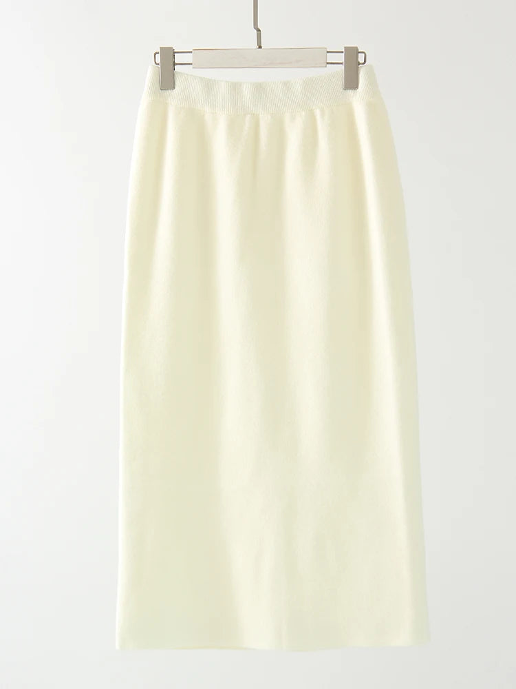 Falda Maxi Recta de Punto con Abertura Estilo Coreano Casual