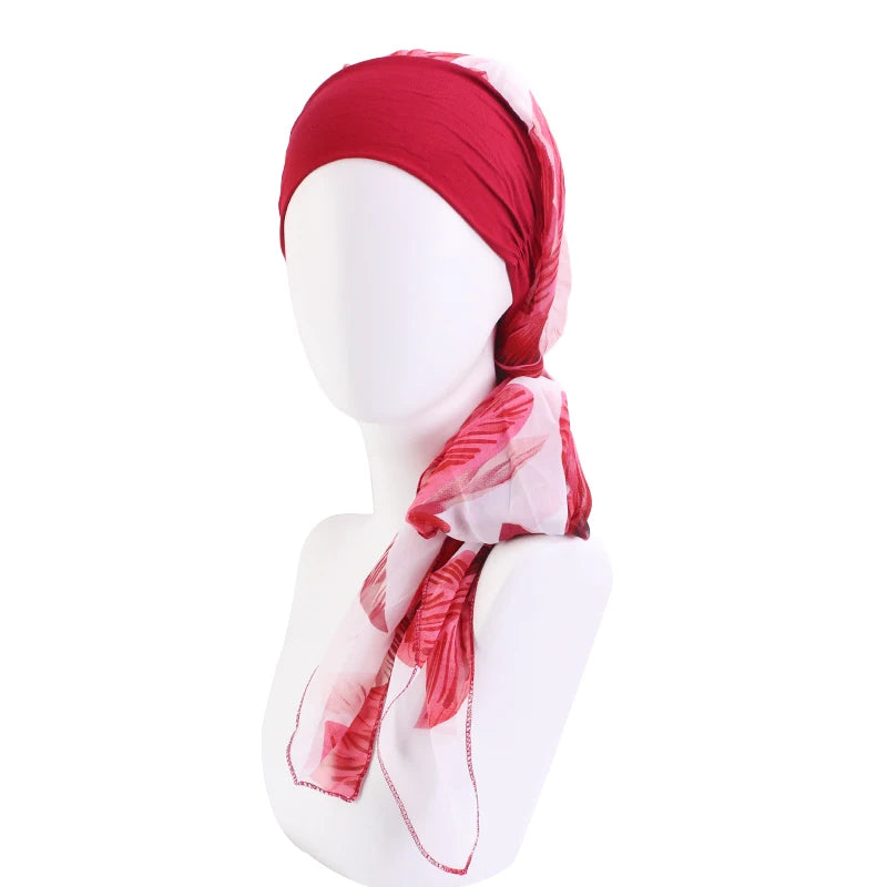 Turbante elástico con estampado de flores para mujer musulmana, para la cabeza preatado Hijab, Bandana para la pérdida de cabello, bufanda para la cabeza, novedad