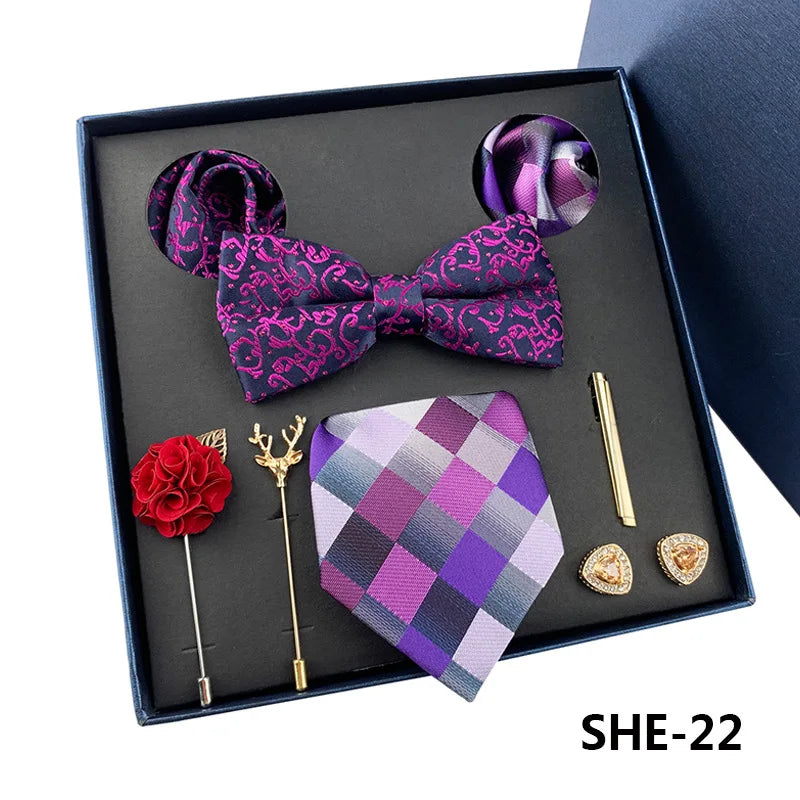Set De Corbata Pajarita Pañuelo Gemelos Regalo Tico De Lujo