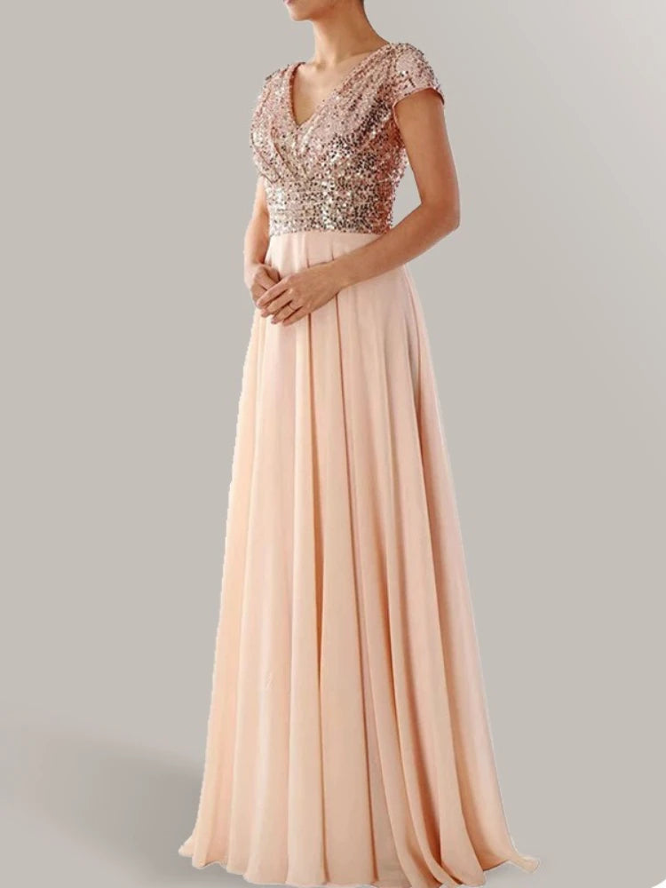 Vestido Cóctel Gasa Plisado Elegante Lentejuelas | Cuello V Formal Longitud Suelo