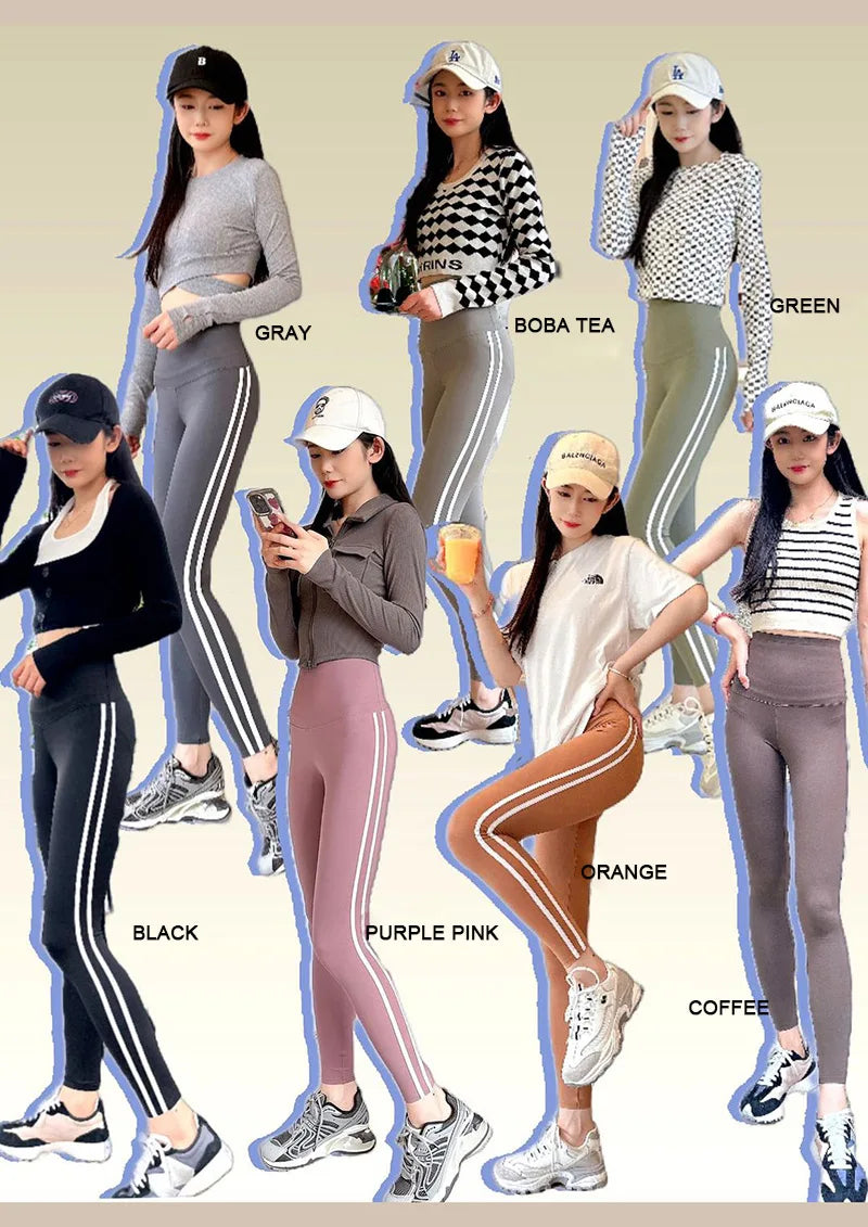 Leggings Piel Tiburón Raya Lateral | Cintura Alta Ajustado Casual | Mallas Deportivas PV | Ticotrendy