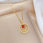 Collar Acero Inoxidable Vintage Flor Rosa Roja Circones Brillantes | Regalo Accesorio Elegante