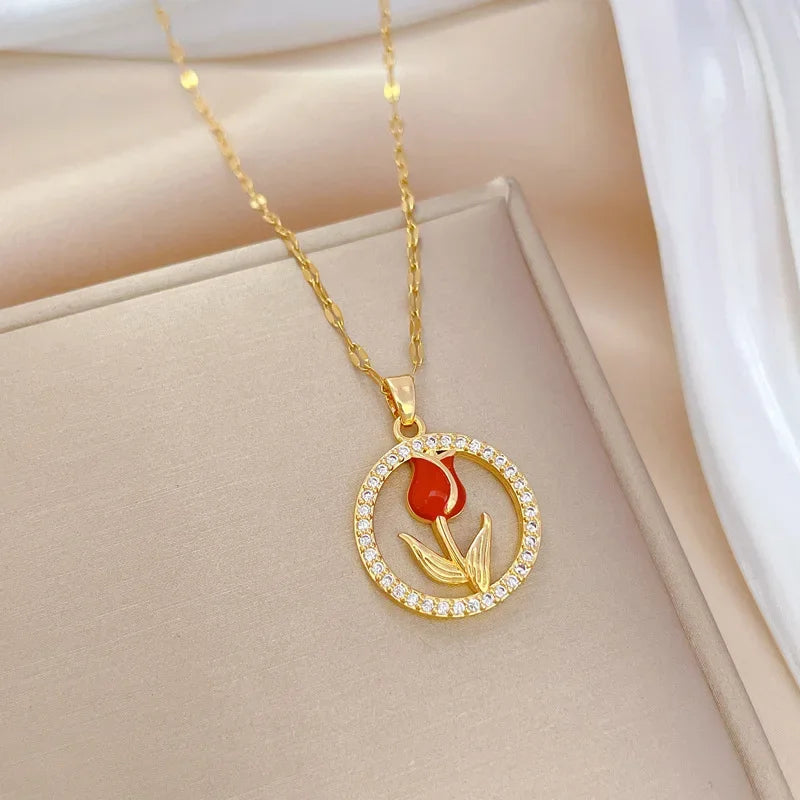 Collar Acero Inoxidable Vintage Flor Rosa Roja Circones Brillantes | Regalo Accesorio Elegante
