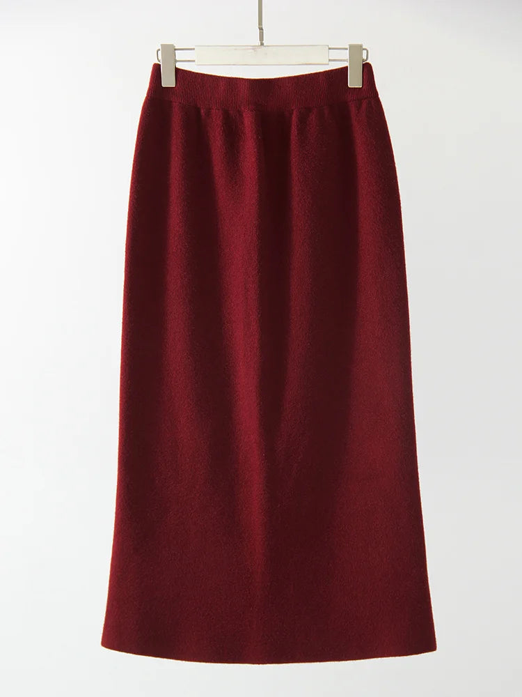 Falda Maxi Recta de Punto con Abertura Estilo Coreano Casual