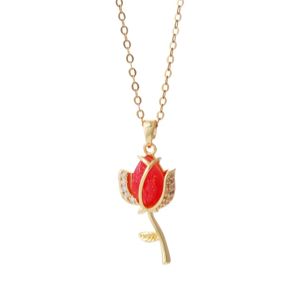 Cadena de acero inoxidable elegante colorido cristal circón tulipán flor colgante collares para mujeres niñas Color oro joyería de moda