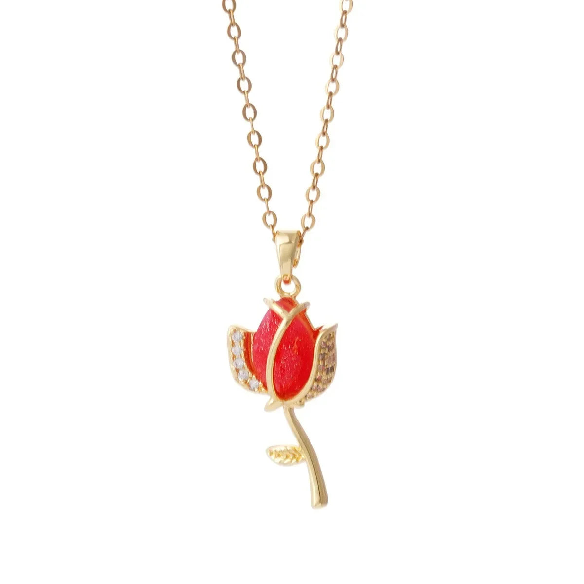 Cadena de acero inoxidable elegante colorido cristal circón tulipán flor colgante collares para mujeres niñas Color oro joyería de moda
