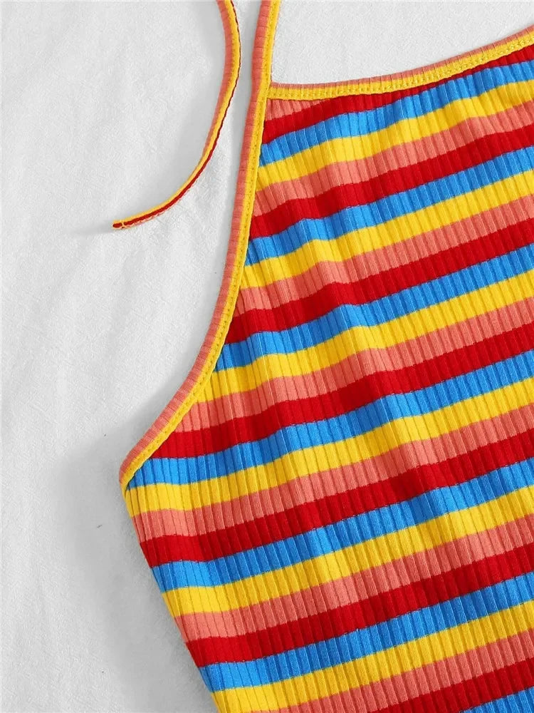 Top Halter a rayas de punto acanalado de arcoíris para mujer, ropa Sexy de verano Y2K, moda coreana, Top corto sin mangas con espalda descubierta, ropa de calle 2023