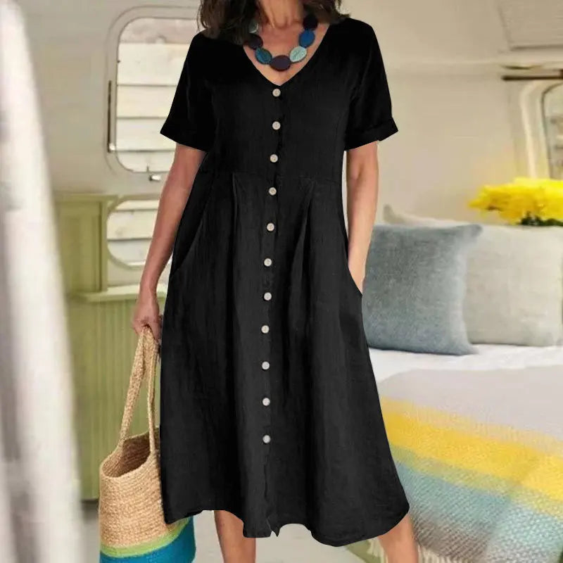 Vestido Camisero de Algodón y Lino Cintura Alta