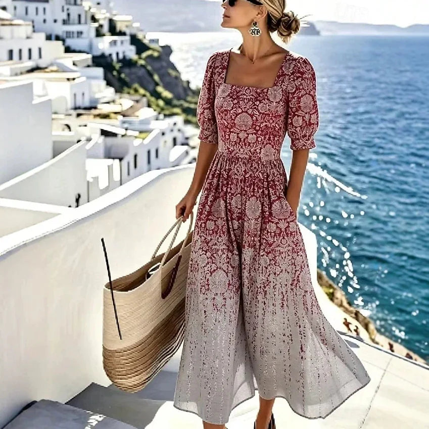 Vestido Corto Estampado Cuello Cuadrado con Bolsillos