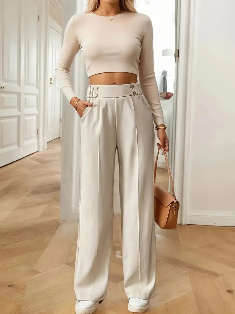 Pantalón Drapeado Elegante | Cintura Alta, Recto, Suelto y Color Sólido Verano 2025