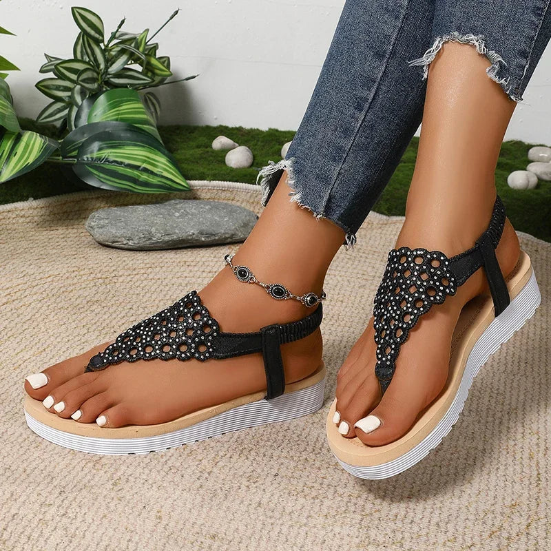 Sandalias plateadas con Clip calado para mujer, cuñas de plataforma de verano 2025, Sandalias romanas, Sandalias de cristal con banda elástica a la moda para mujer