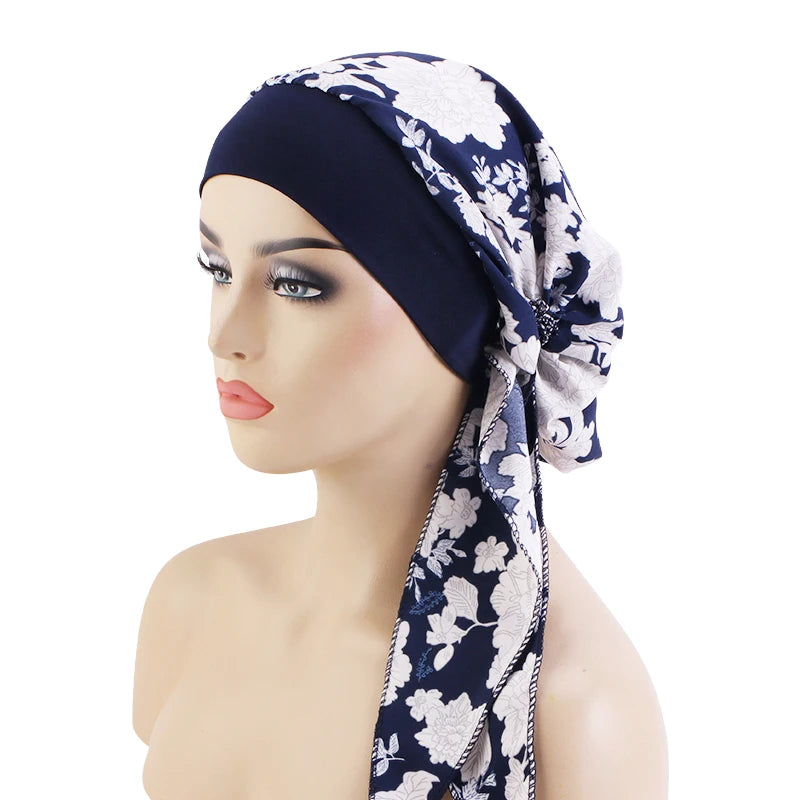 Nuevo pañuelo para la cabeza con estampado satinado para mujer, turbante musulmán elástico preatado, gorro para dormir para quimioterapia, cubierta para la pérdida de cabello, pañuelo para la cabeza