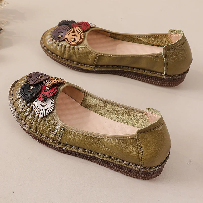 Mocasines Étnicos de Cuero Genuino para Mamá | Punta Redonda | Antideslizantes | Verano 2025
