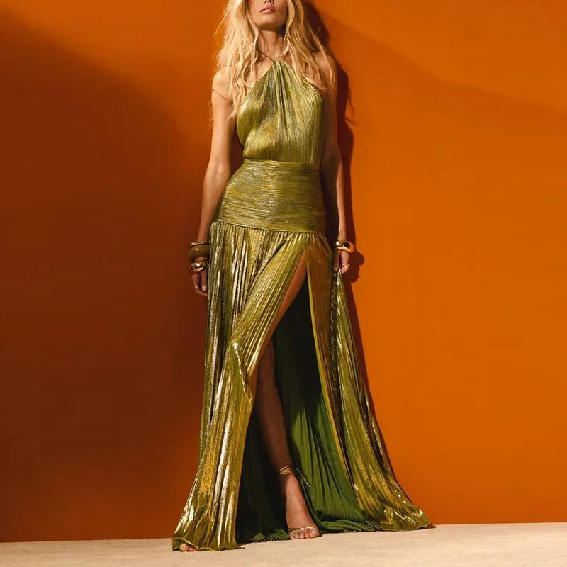 Vestido Largo Dorado Sexy Con Cuello Halter Abertura Alta Plisado