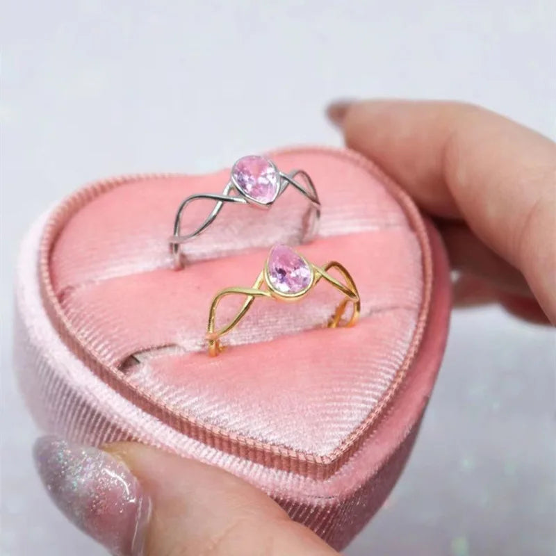 Anillos de cobre con corona de princesa de circón rosa dulce para mujeres y niñas, anillo abierto ajustable para dedo, accesorios, regalos para niños y amigos