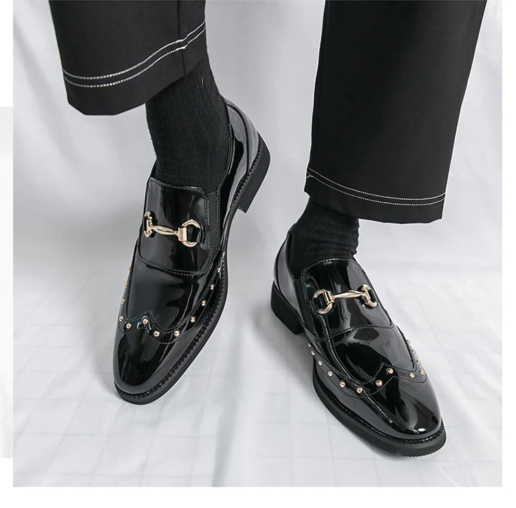 Zapatos Hombre Charol Elegantes Punta Puntiaguda Boda Sin Cordones | Diseño Liso