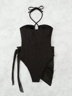 Bañador de Una Pieza Halter Recortado con Falda - Estilo Sexy y Monocromático