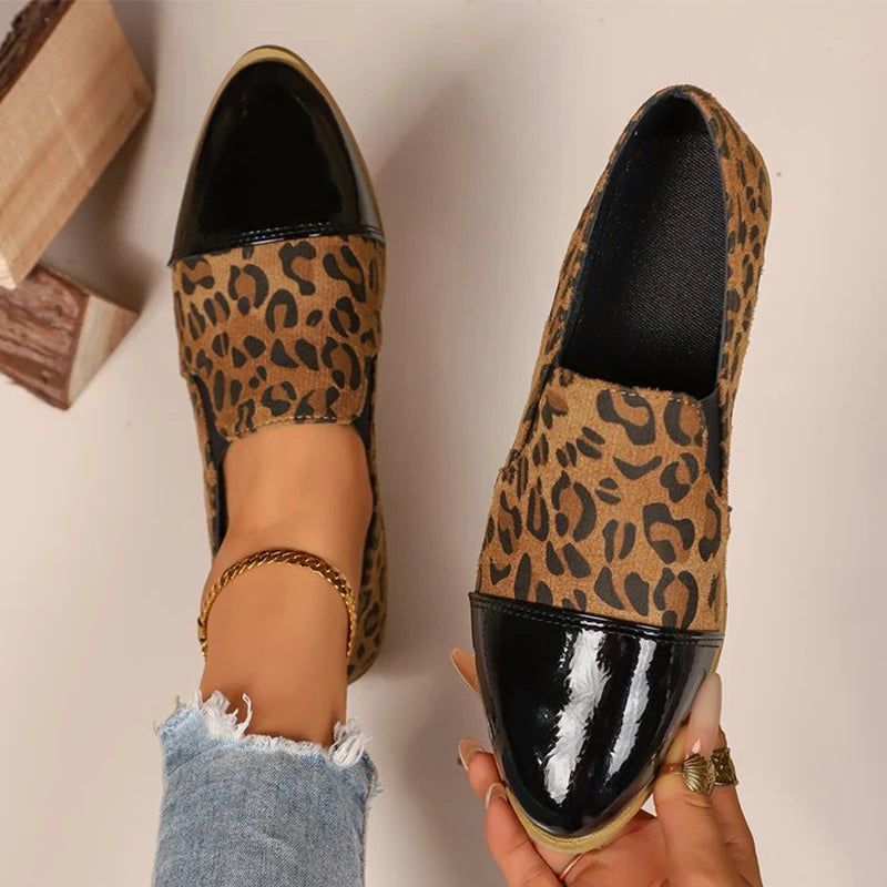 Zapatos de Tacón Bajo Leopardo | Tacón Cuadrado | Punta Estrecha | Talla Grande