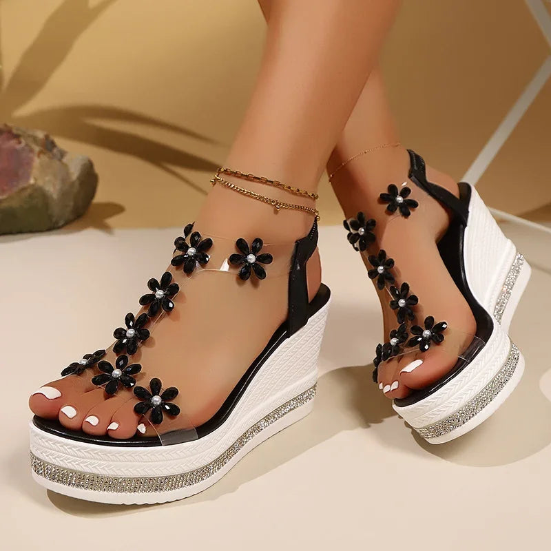 Sandalias de Mujer | Plataforma y Tacón Alto | Flores y Diamantes de Imitación