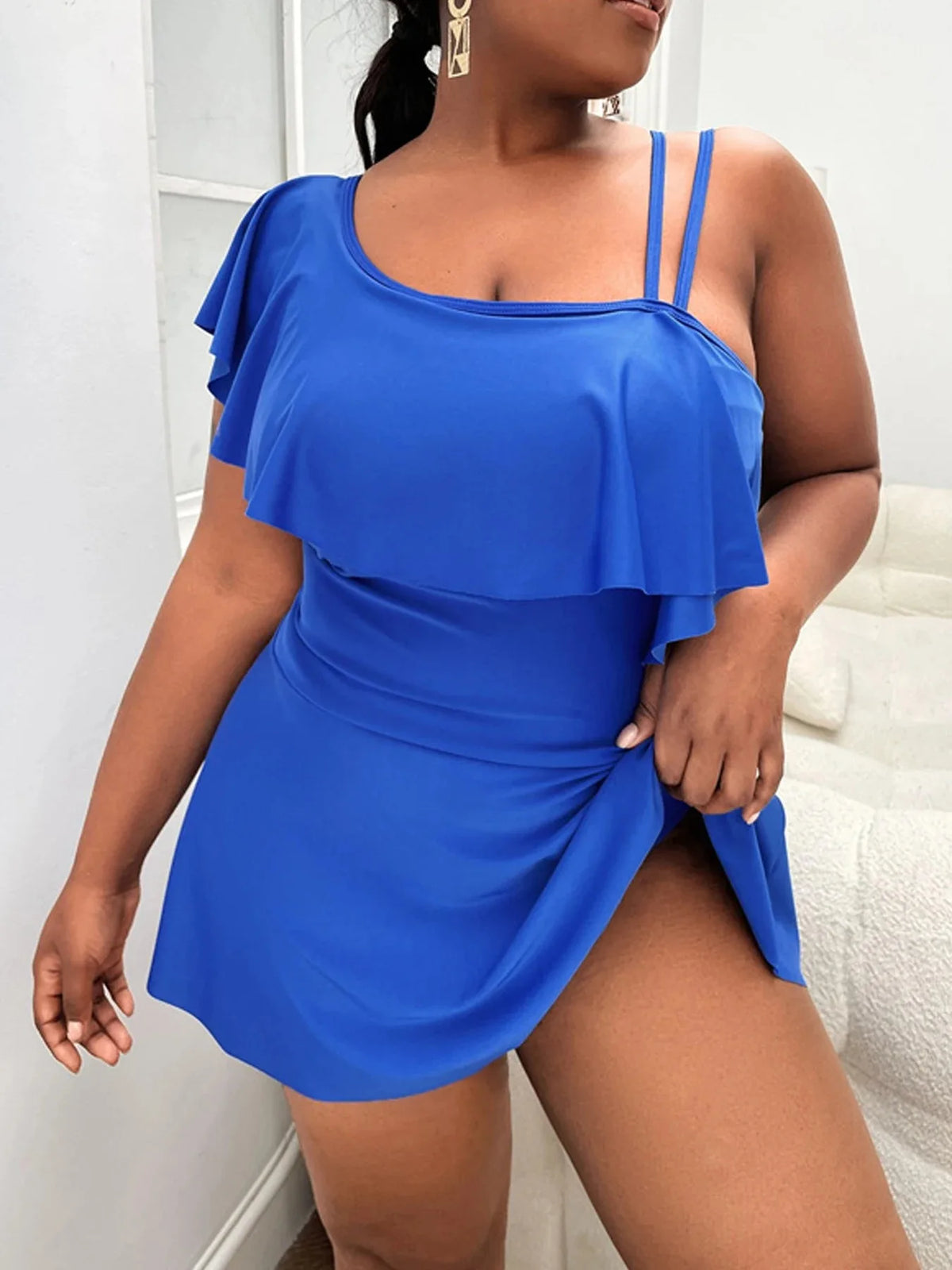 Tankini con Volantes y Hombro Descubierto Talla Grande