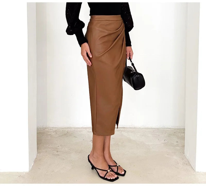 Falda Midi De Cuero Sintético Con Abertura Y Pliegues Sexy