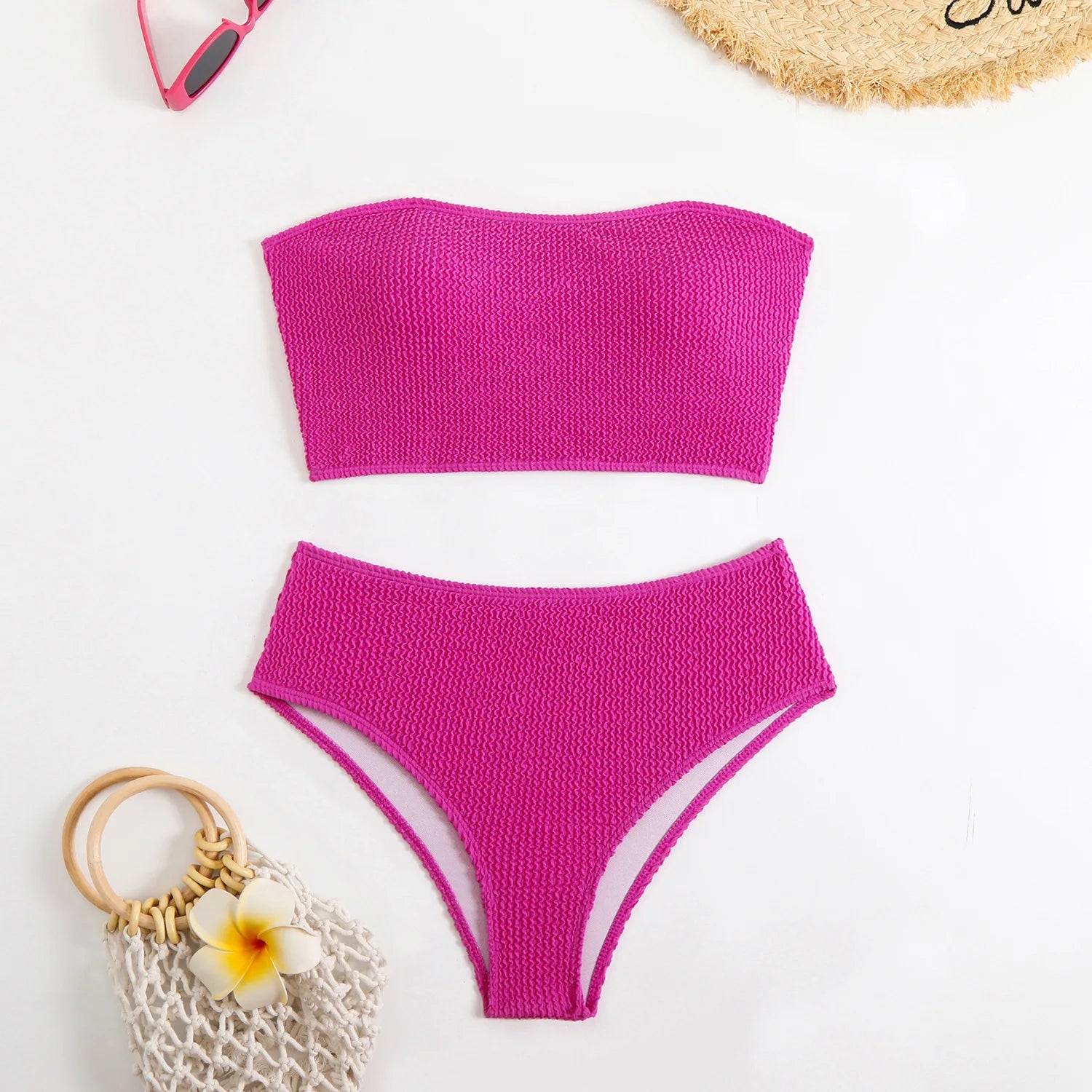 Tankini Triangular de Textura Sólida - Traje de Baño de Color Sólido