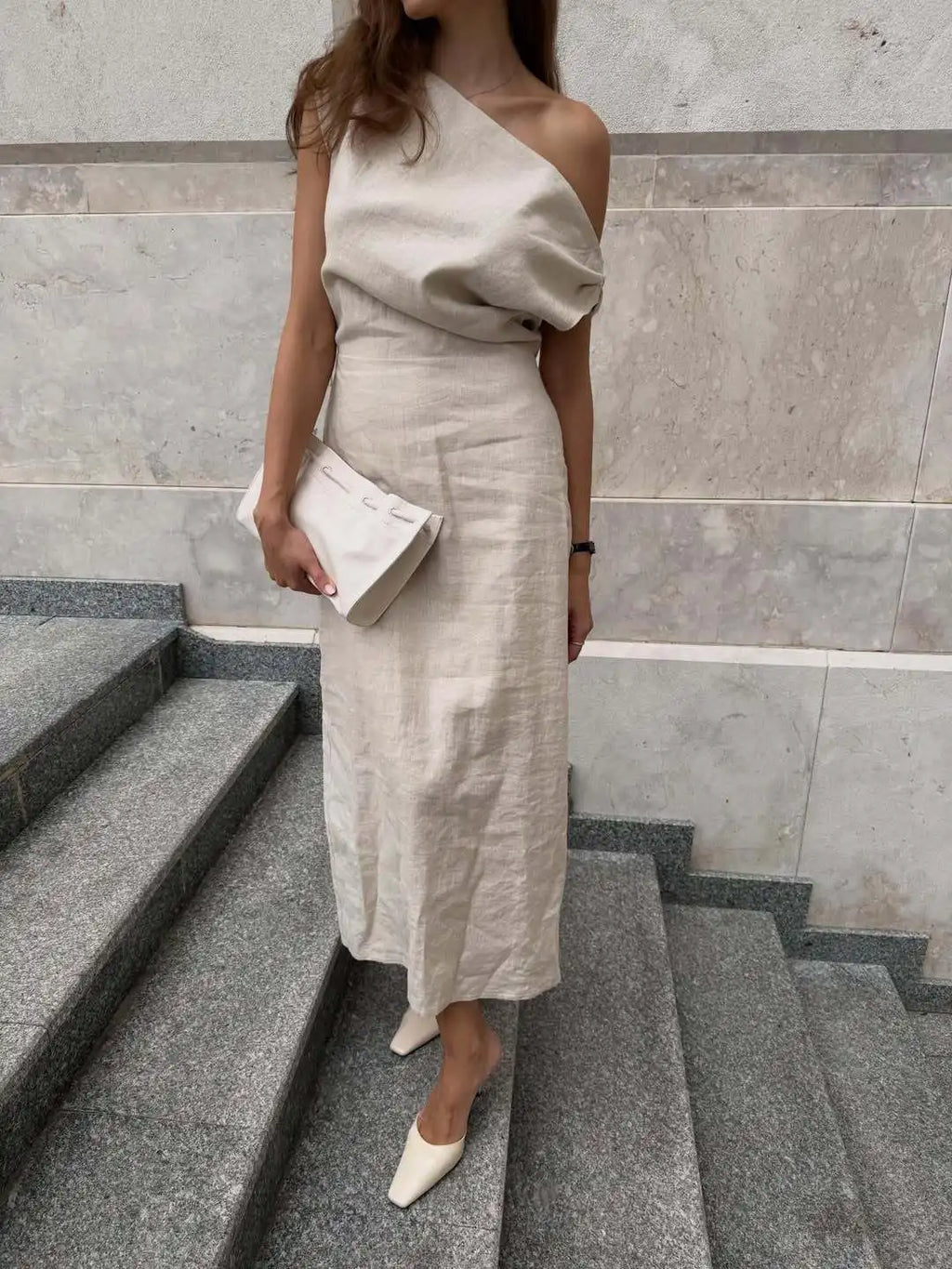 Vestido de Lino y Algodón Un Hombro para Fiesta