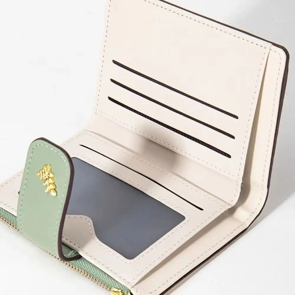 Cartera corta de cuero PU a la moda para mujer, tarjetero con cerrojo y flores pequeñas, cartera pequeña delgada, monedero multitarjetas para niña