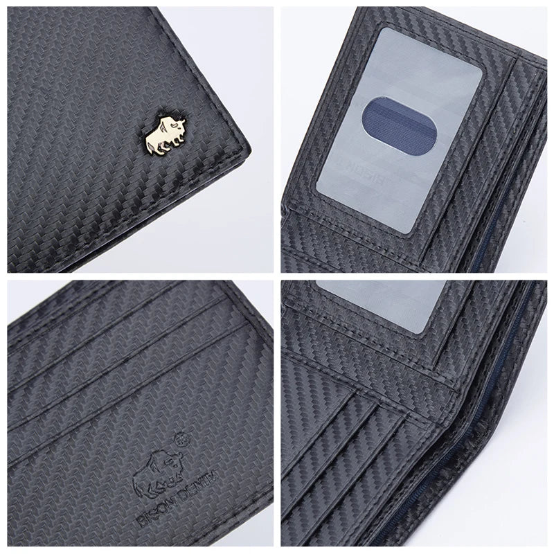 BISON DENIM-billetera de fibra de carbono para hombre, Tarjetero con bloqueo RFID, bolsillo para monedas, monedero de cuero plegable para negocios, regalos ideales para hombre