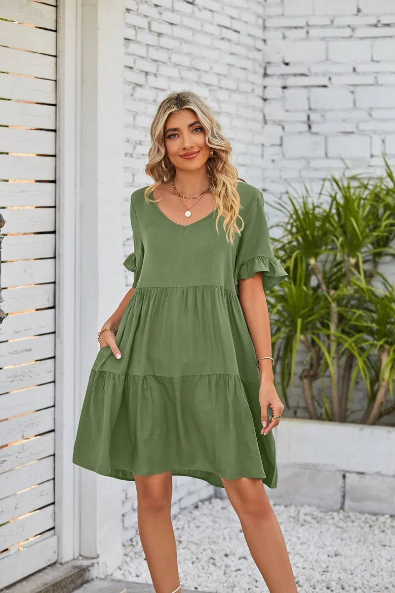 Vestido Midi de Playa | Algodón Liso Cuello V | Mangas Cortas con Volantes | Tico Trendy
