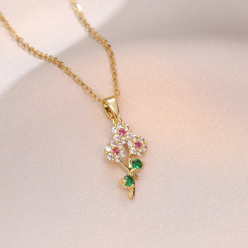 Collar Colgante Hoja Flor Circones Brillantes Acero Inoxidable | Accesorio Tendencia Ticotrendy
