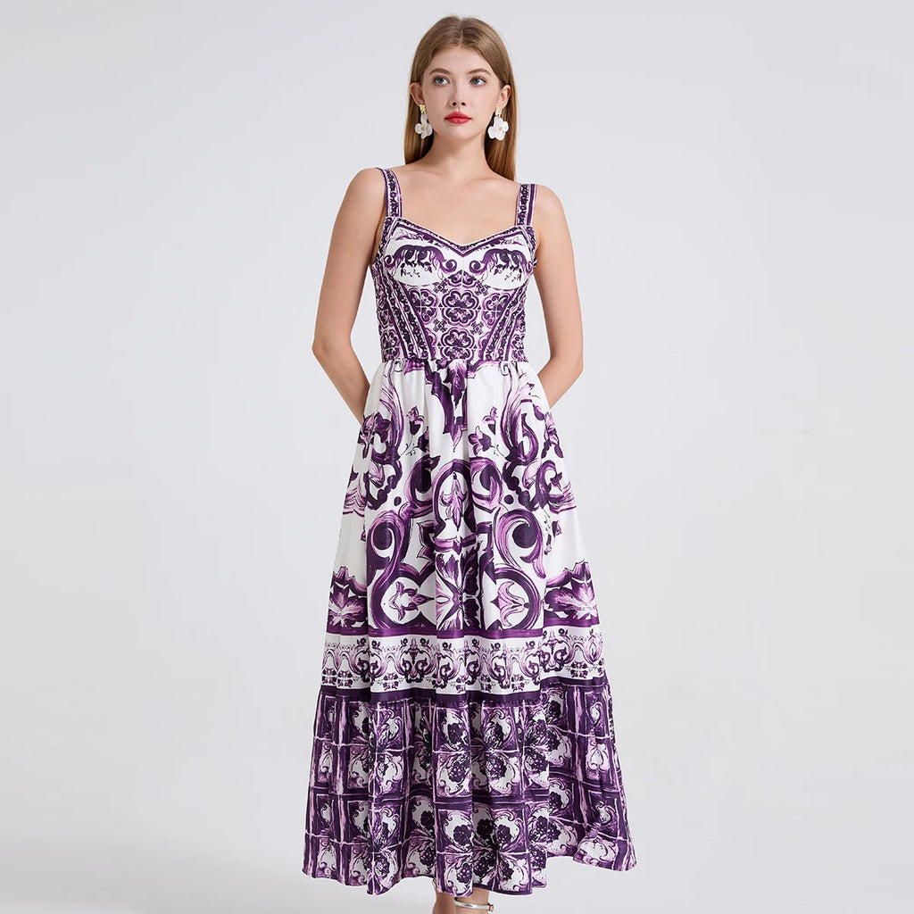 Vestido Vintage Estampado A-Line | Tiras de Espagueti Espalda al Aire Primavera Verano