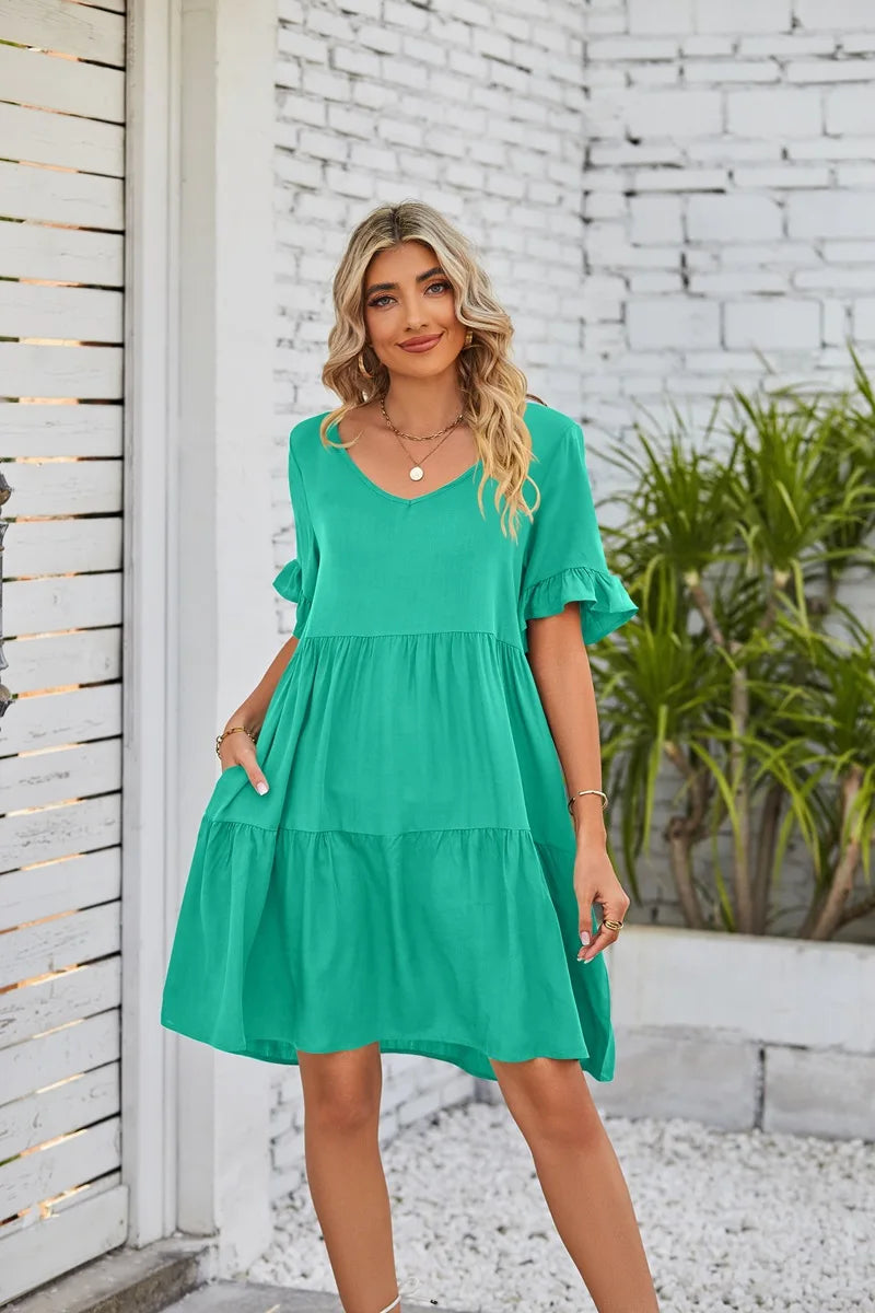 Vestido Midi de Playa | Algodón Liso Cuello V | Mangas Cortas con Volantes | Tico Trendy